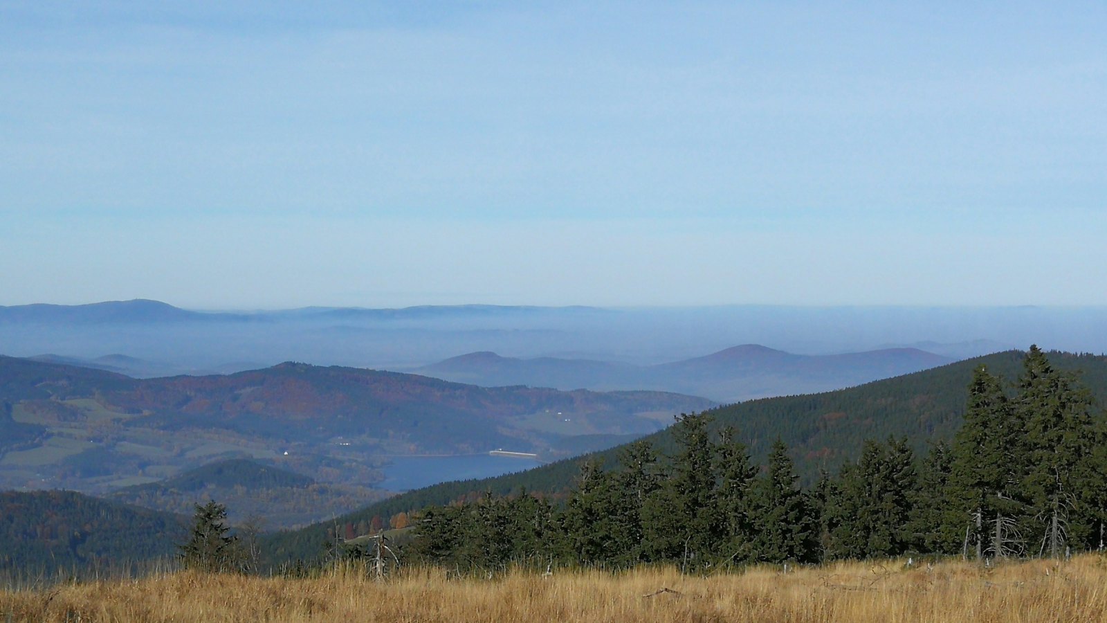 Autumn meadow with forested hills and mountains in the distance